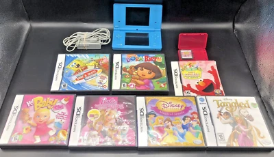 Lot Nintendo DS Handheld Console Blue + Games Spongebob Dora Barbie Tangled Elmo - Image 1 of 4