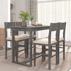 5-Piece Wooden Dining Set Table and 4x Counter Height Upholstered Barstools Gray - Picture 1 of 9