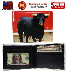 Spanish Fighting Raging Bull Leather Bi-Fold Bifold Wallet - Imagen 1 de 6