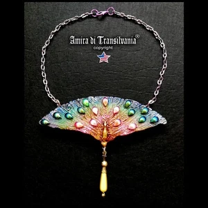 Luxury Necklace Peacock Tail Bird Feather Jewelry Woman Pendant Gold Pearl Stone - Picture 1 of 24