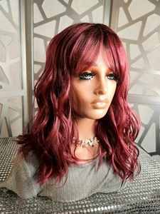Burgundy Wig Wavy Wig with Bangs Curly Human Hair Blend Glueless Deep Red Wig  - Picture 1 of 11