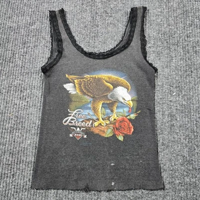 Camiseta sin mangas American Biker Free Breed para mujer pequeña gris con ribete de encaje rosa águila Foto 1 de 4