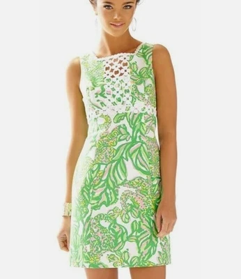 Lilly Pulitzer Rosie Shift DRESS Seeing Pink Elephants Dobby Lace Sz 0 Green - Image 1 of 4