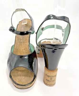 Chanel "Chateau Chanel" Wine Cork Heel Pumps Black Patent w Blue Accent Sz 37.5 - Image 1 of 4