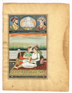 Mughal Painting Of Emperor Akbar & Jodha Bai In Love Scene On Paper 7.5x9.5 Inch - Picture 1 of 7