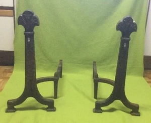 Antique ~ 1920's ~ Andirons ~ Fireplace ~ Brass ~ Cast Iron - Picture 1 of 11
