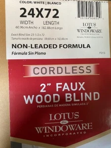 LOTUS & WINDOWARE Cordless 2" Faux Wood Blind 24" Wide x 72" Long, White (NEW) - Picture 1 of 3