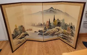 Japanese (Byobu) 4-Panel Vintage Folding Screen Landscape Painting Signed Toyo - Picture 1 of 19