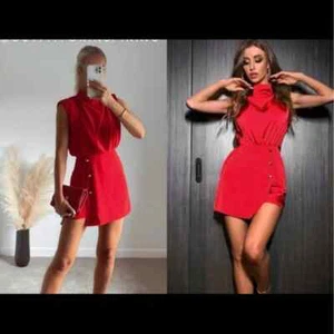 NEU MIT ETIKETT ZARA MOCK HOCHGESCHLOSSENER JUMPSUIT COCKTAIL PARTY CLUBWEAR SEXY STRAMPLER ROT GR. XS  - Bild 1 von 12