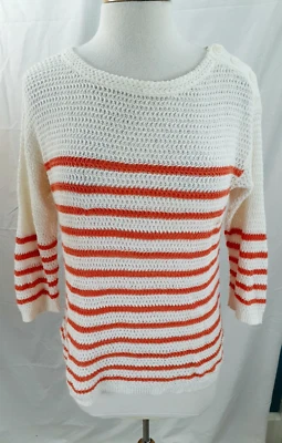 Suéter Ann Taylor LOFT Talla M Naranja Crema Rayas Tejido Abierto Lino Algodón Foto 1 de 4