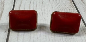 Vintage Clip on Trifari Earrings Red Acrylic Square Statement Stud 5/8" - Picture 1 of 2