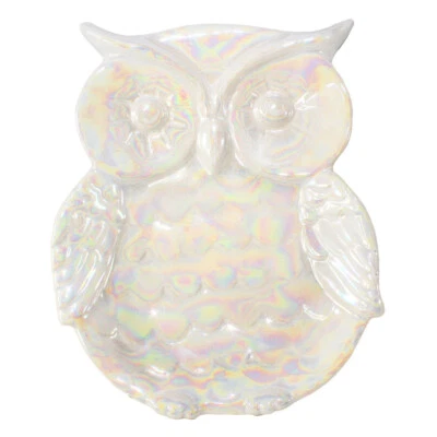 Owl CBG104 Ceramic Shaped Jewelry Trinket Tray Dish Iridescent White 5.25" L - Image 1 of 3