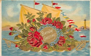 Postal: saludos de cumpleaños, rosas, barco, banderas, base de datos de 1910, sin publicar - Imagen 1 de 2