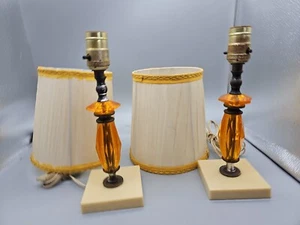 Pair Orange Bakelite/Lucite Boudoir Lamps 11 tall 4" square base with shades - Picture 1 of 14