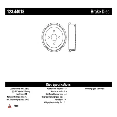 Tambor de freno estándar C-Tek Centric Parts 123.44018 para camioneta Toyota 84-89 camioneta furgoneta vagón Foto 1 de 4