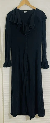 DKNY Vintage Donna Karan Maxi Dress Ruffled Silk Button Up Black Boho Goth EC - Image 1 of 4