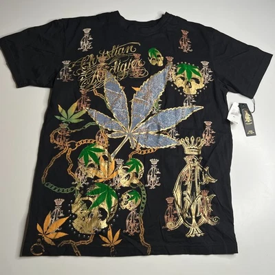Vintage Christian Audigier T-Shirt XL Black Foil Graphic Weed Leaf Rhinestone - Image 1 of 4