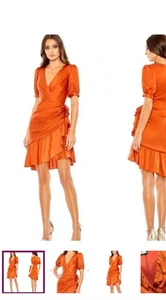 Ieena for Mac Duggal Short Burnt Orange Puff Sleeve Faux Wrap Mini Dress Size 2 - Picture 1 of 7