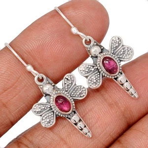 Dragonfly - Natural Pink Tourmaline 925 Sterling Silver Earrings Jewelry CE51160 - Picture 1 of 1