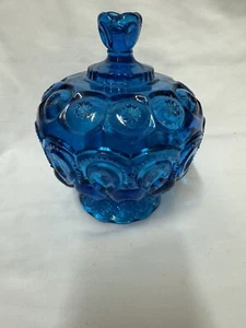 Vintage L.E. Smith "Moon & Stars" Turquoise Blue Compote & Lid Glass Candy Dish - Picture 1 of 6