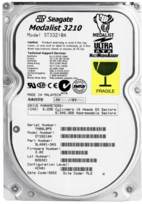 Hard Drive Seagate Medalist 3210 ST33210A 3.2GB 5400RPM 256KB ATA 3.5" Inch - Image 1 of 3