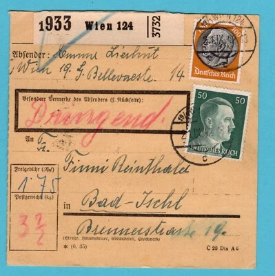 AUSTRIA occuption by Germany parcel card 1942 Wien to Bad Ischl - Image 1 of 2
