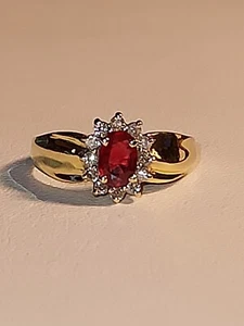 14K YELLOW GOLD~**.6 CT OVAL LAB CREATED RUBY & DIAMONDS  RING*~SIZE 5.5~2 GRAMS - Picture 1 of 14