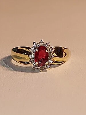 14K YELLOW GOLD~**.6 CT OVAL LAB CREATED RUBY & DIAMONDS  RING*~SIZE 5.5~2 GRAMS - Image 1 of 4