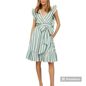 NY&C Ruffled Striped Wrap Dress M Green White NWT Tie Waist Pockets NEW - Picture 1 of 14