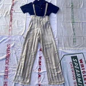 Vintage 1930s Striped Cotton Overalls Olive Green & White Jumpsuit  Sportswear - Picture 1 of 12