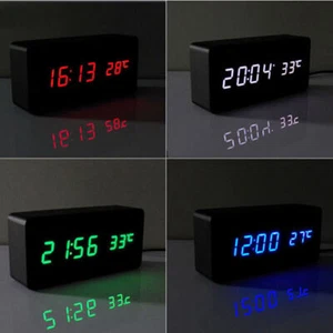 Sound Control Wooden USB/AA LED Digital Alarm Desk Clock Calendar Thermometer - Picture 1 of 11