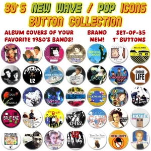 80's New Wave Buttons / Pins - Set-of-35 - Pop Rock Madonna Duran Duran Wham! U2 - Picture 1 of 2