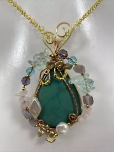 Handmade Copper Wire Wrap 2" x 3" Turquoise Pendant #266 & 18" Chain - Picture 1 of 7
