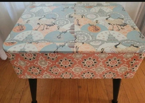 Vtg Mid Century  Sewing Stool Ottoman Storage Box Upcycled Decoupoge Wooden Legs Cover