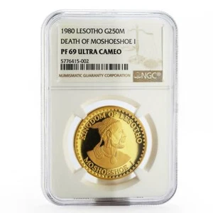 Lesotho 250 maloti Moshoeshoe I Alligator Corn PF69 NGC gold coin 1980 - Picture 1 of 2