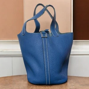 HERMES Picotin PM Leather Handbag Tote Bag Blue H18CM x W18CM x D13CM - Picture 1 of 21