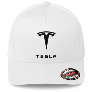 Tesla Motor Black Logo White Hat Flexfit Baseball Cap Printed Emblem S/M & L/XL - Picture 1 of 4
