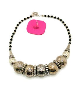 NWT NEW Chunky Silver Tone Black Bead Choker Necklace 16" MIS DELLATES NOS - Picture 1 of 12