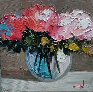 PINK FLOWERS OIL PAINTING VIVEK MANDALIA IMPRESSIONISM COLLECTIBLE 12X12 SIGNED - Picture 1 of 7