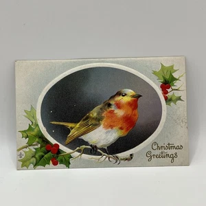 Antike AK Weihnachtsgrüße rote Brust Vogel Stechpalme Beeren unbesendet - Bild 1 von 2
