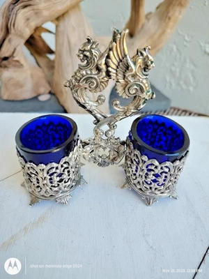 Antique Silver Open Salt Cellars Cobalt Glass Liners center Griffin Holders - Image 1 of 4