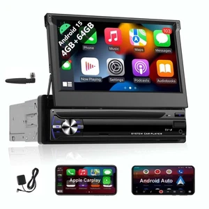 7" Single 1 DIN Car Stereo Flip Out Touch Screen Radio Apple Carplay Android 15 - Picture 1 of 24