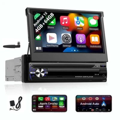 7" Single 1 DIN Car Stereo Flip Out Touch Screen Radio Apple Carplay Android 15 - Image 1 of 4