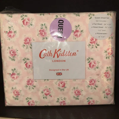 NEW Cath Kidston London QUEEN Rosebud Pink Floral Valentine 4pc Cotton Sheet Set - Image 1 of 4
