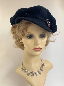 C&A Vintage Black Polyester Baker Boy News Boy Cap & Handmade Hatpin - Picture 1 of 12