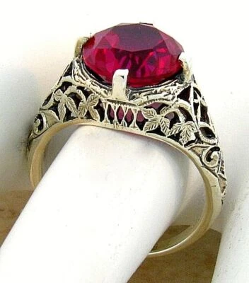 DECO ANTIQUE STYLE 925 STERLING SILVER 5 CT LAB-CREATED RUBY FILIGREE RING  #076 - Image 1 of 4