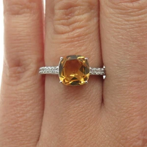 925 Sterling Silver Cushion-Cut Citrine & White Topaz Gem Ring Size 6.75 - Picture 1 of 8