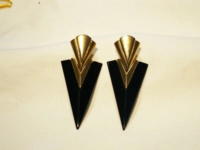 Firmato TAT Color Oro, Nero Lucite Orecchini a Bottone - Immagine 1 di 4