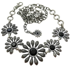 Women's Chain Belt Silver Flowers Rhinestones Chunky Romantic Adjustable 50" - Picture 1 of 7
