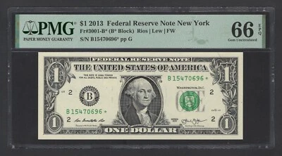 United States-Federal Reserve 1 Dollar 2013 Fr#3001-B* (B* Block) UNC Grade 66 - Image 1 of 2